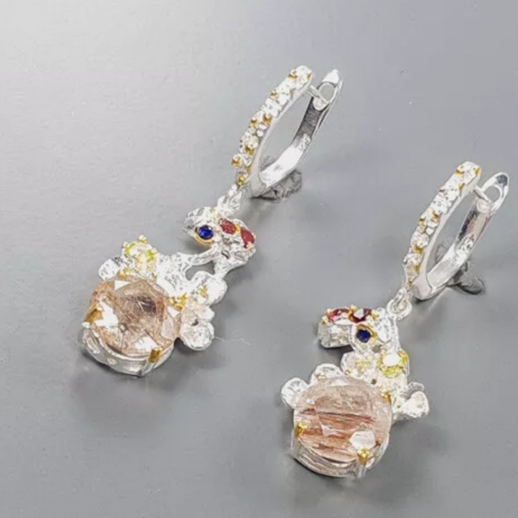 Stunning Rutilated Quartz Peridot Ruby& Sapphire Floral chandelier earrings - Picture 3 of 13